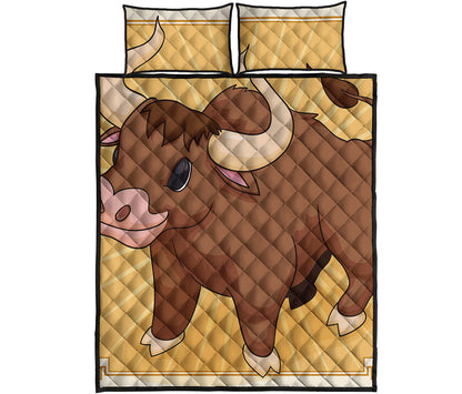 Cute Chinese Ox Zodiac Print Quilt Bed Set