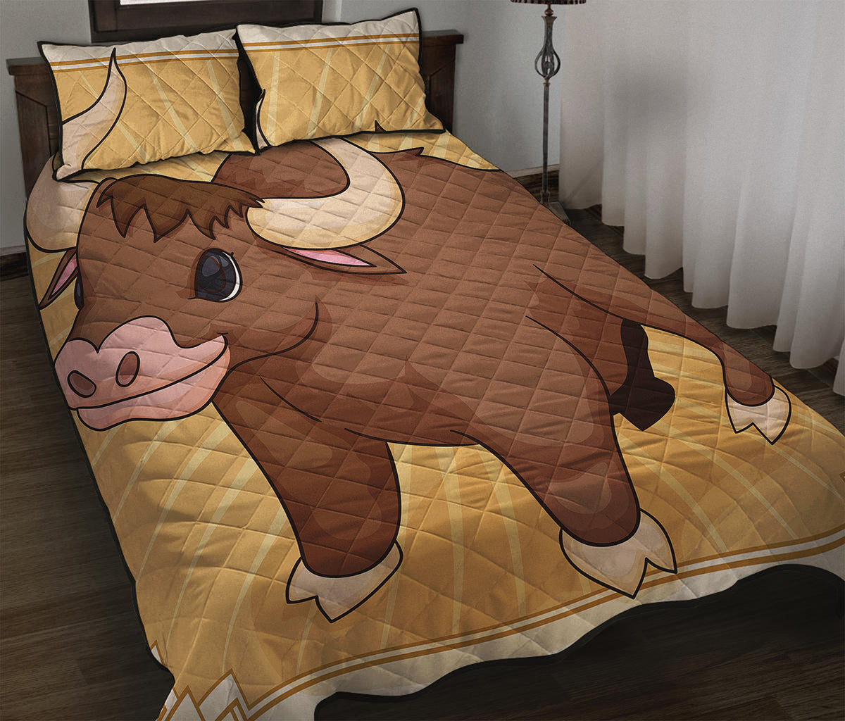 Cute Chinese Ox Zodiac Print Quilt Bed Set