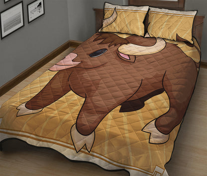 Cute Chinese Ox Zodiac Print Quilt Bed Set