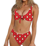 Cute Christmas Bell Pattern Print Front Bow Tie Bikini