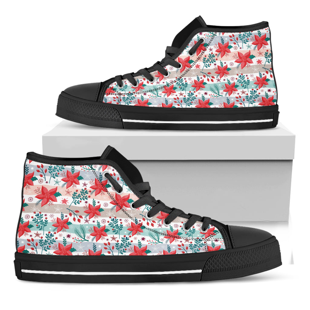 Cute Christmas Poinsettia Pattern Print Black High Top Shoes