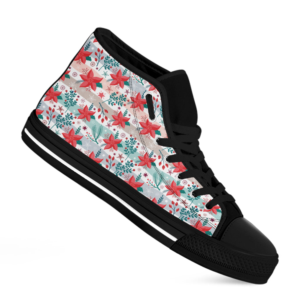 Cute Christmas Poinsettia Pattern Print Black High Top Shoes