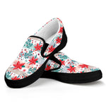 Cute Christmas Poinsettia Pattern Print Black Slip On Shoes