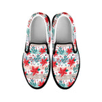 Cute Christmas Poinsettia Pattern Print Black Slip On Shoes