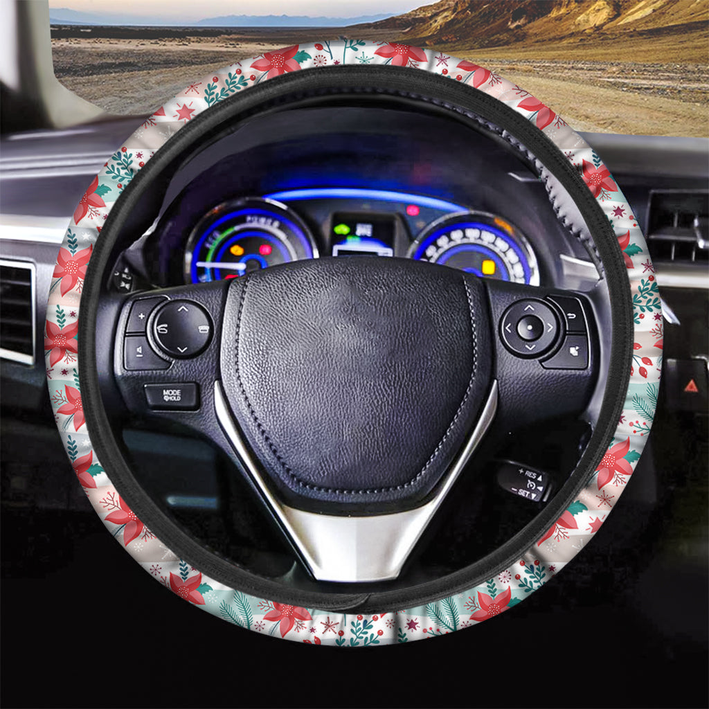 Cute Christmas Poinsettia Pattern Print Car Steering Wheel Cover