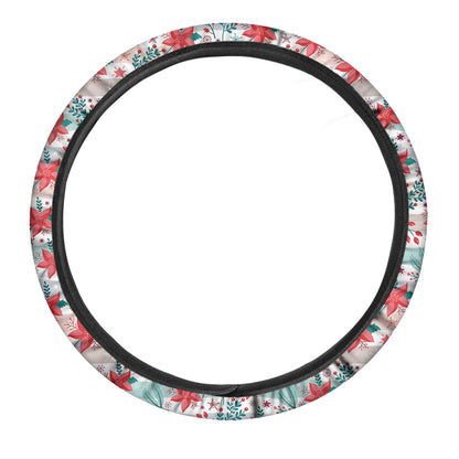 Cute Christmas Poinsettia Pattern Print Car Steering Wheel Cover
