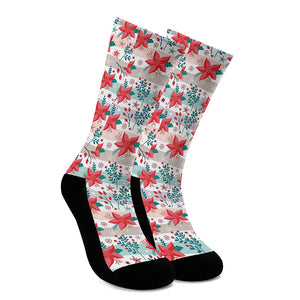 Cute Christmas Poinsettia Pattern Print Crew Socks