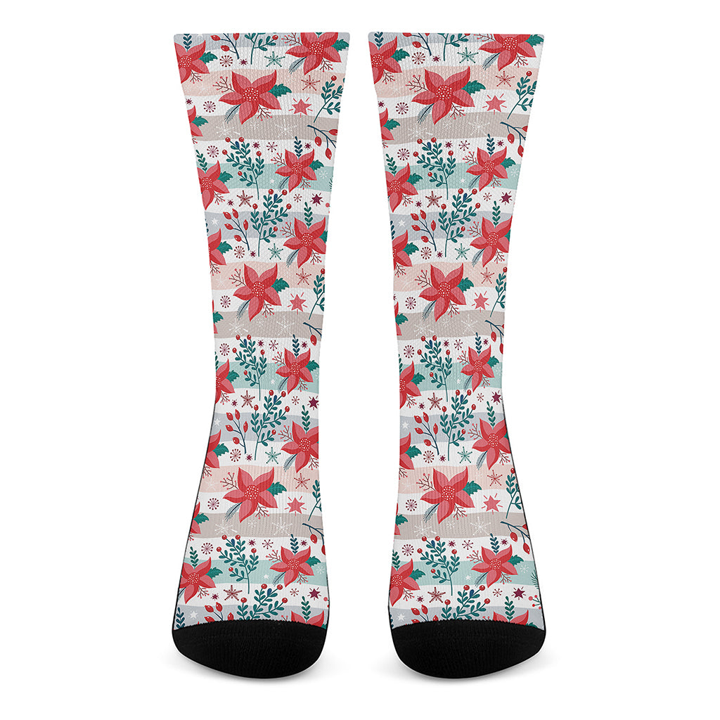 Cute Christmas Poinsettia Pattern Print Crew Socks