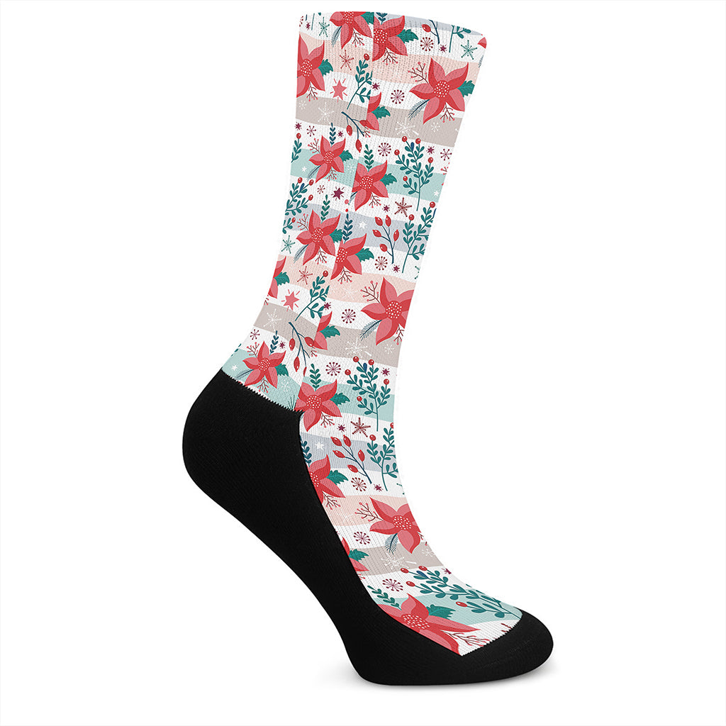 Cute Christmas Poinsettia Pattern Print Crew Socks