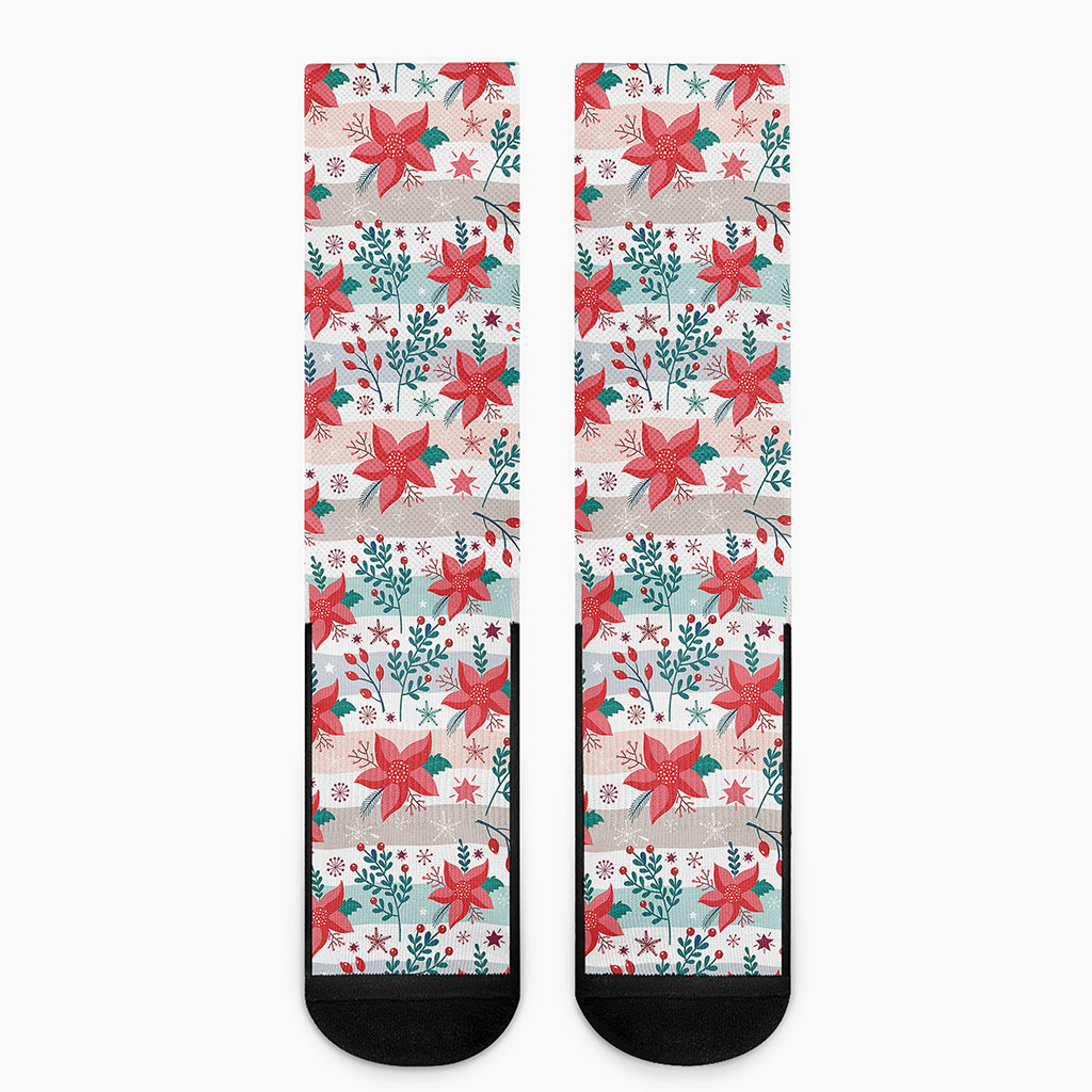 Cute Christmas Poinsettia Pattern Print Crew Socks