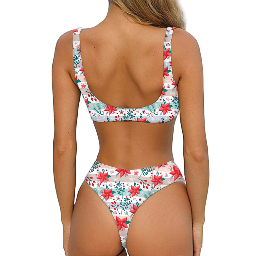 Cute Christmas Poinsettia Pattern Print Front Bow Tie Bikini