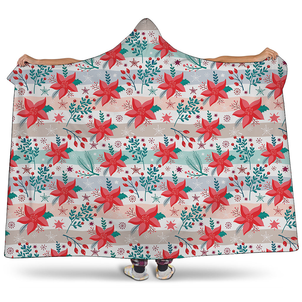 Cute Christmas Poinsettia Pattern Print Hooded Blanket