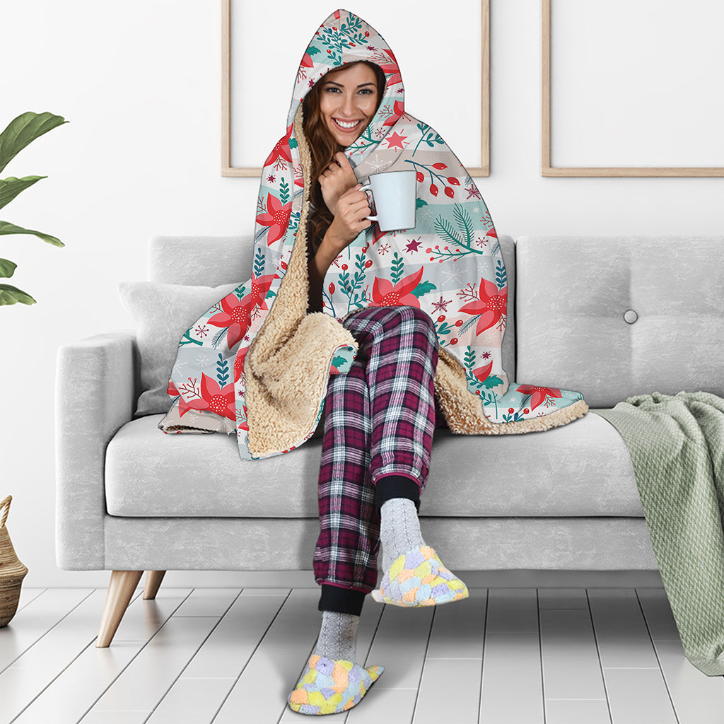 Cute Christmas Poinsettia Pattern Print Hooded Blanket
