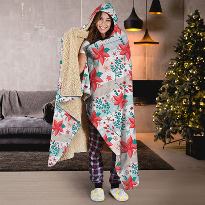 Cute Christmas Poinsettia Pattern Print Hooded Blanket