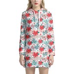 Cute Christmas Poinsettia Pattern Print Hoodie Dress