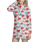 Cute Christmas Poinsettia Pattern Print Hoodie Dress