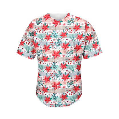 Cute Christmas Poinsettia Pattern Print Men's Baseball Jersey