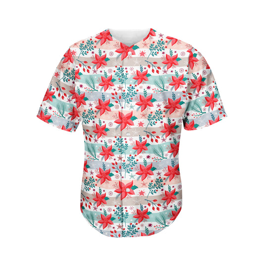 Cute Christmas Poinsettia Pattern Print Men's Baseball Jersey