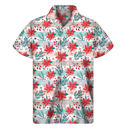 Cute Christmas Poinsettia Pattern Print Men's Short Sleeve Shirt