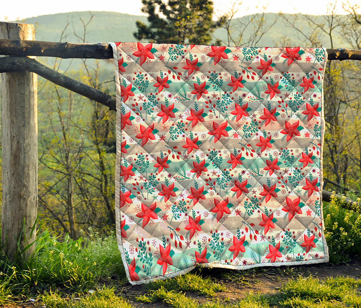 Cute Christmas Poinsettia Pattern Print Quilt
