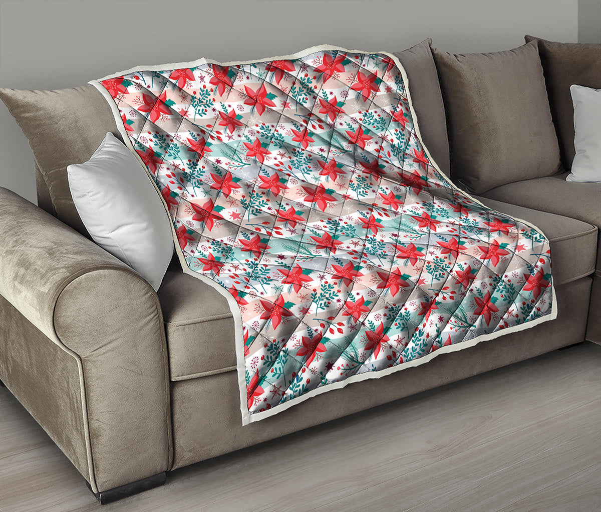 Cute Christmas Poinsettia Pattern Print Quilt