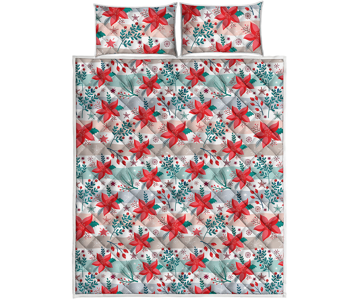 Cute Christmas Poinsettia Pattern Print Quilt Bed Set