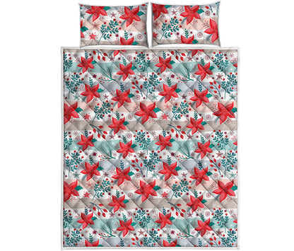 Cute Christmas Poinsettia Pattern Print Quilt Bed Set