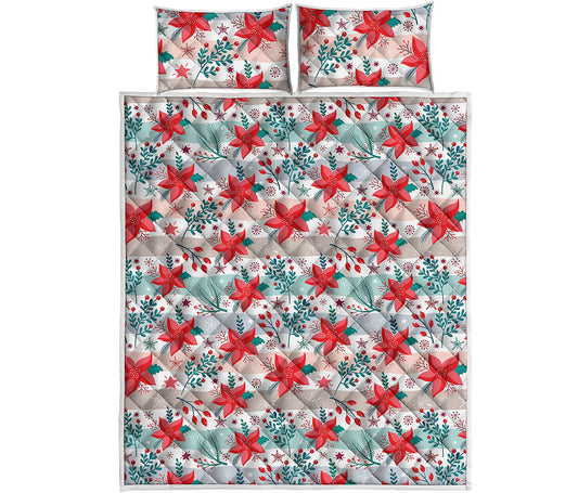Cute Christmas Poinsettia Pattern Print Quilt Bed Set