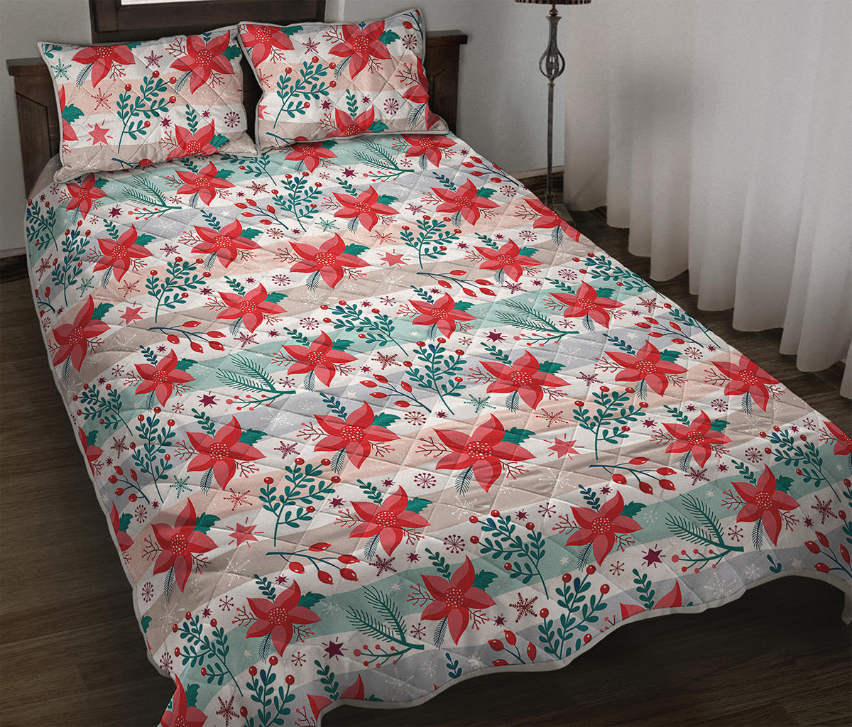 Cute Christmas Poinsettia Pattern Print Quilt Bed Set