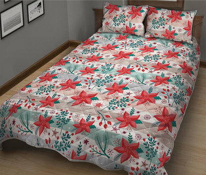 Cute Christmas Poinsettia Pattern Print Quilt Bed Set