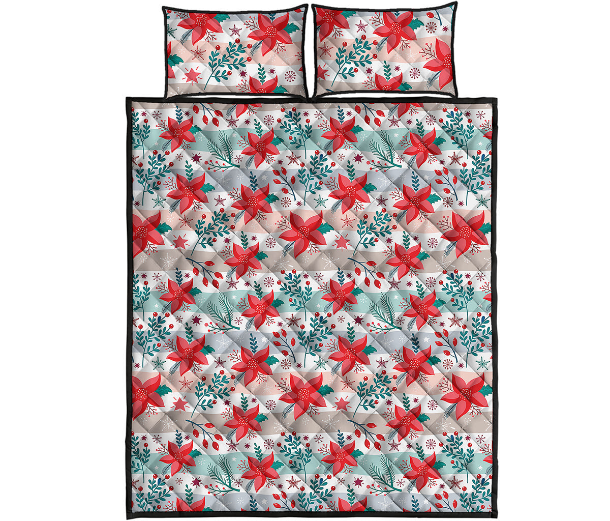 Cute Christmas Poinsettia Pattern Print Quilt Bed Set