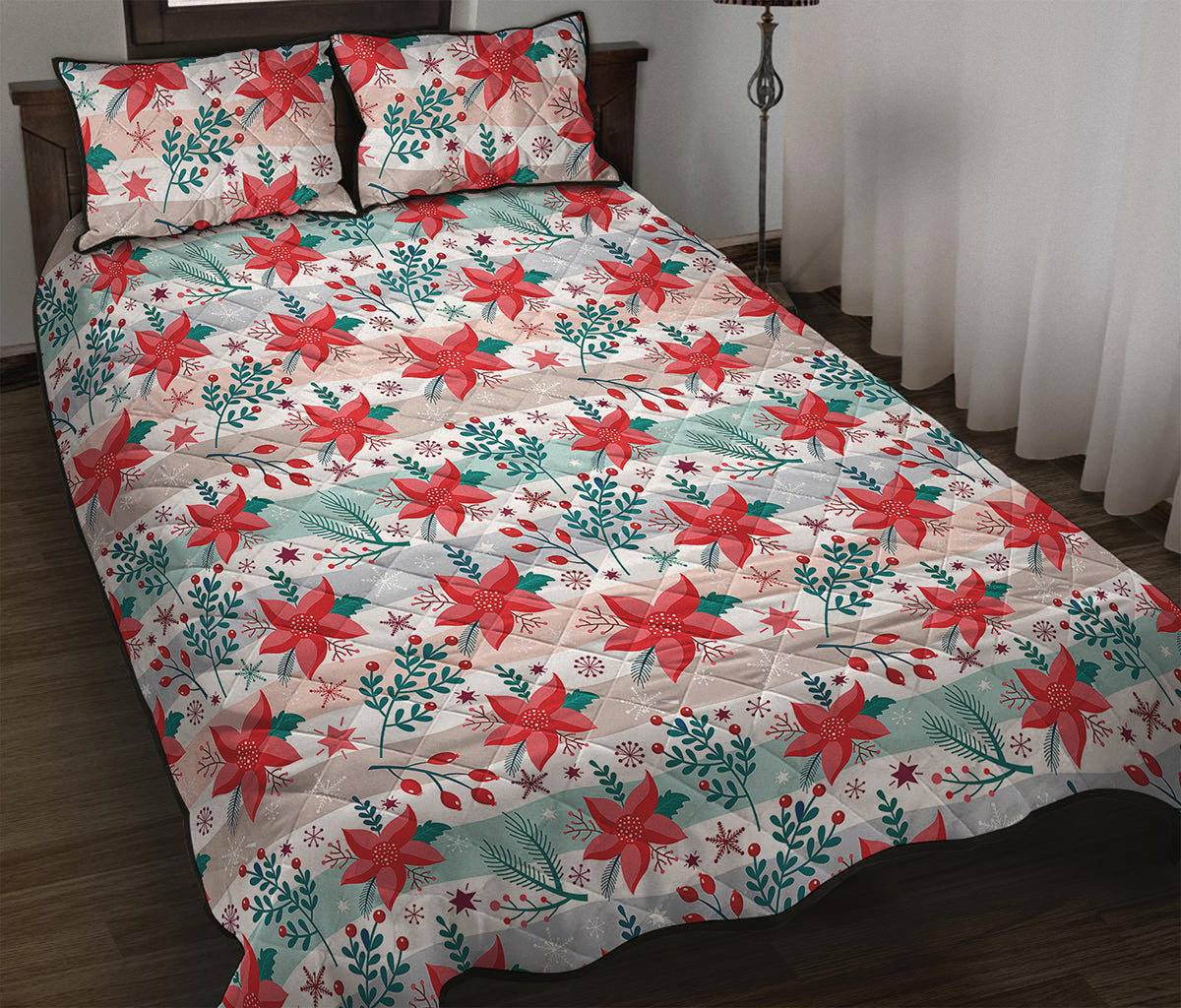 Cute Christmas Poinsettia Pattern Print Quilt Bed Set