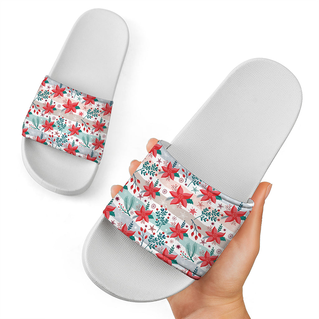 Cute Christmas Poinsettia Pattern Print White Slide Sandals