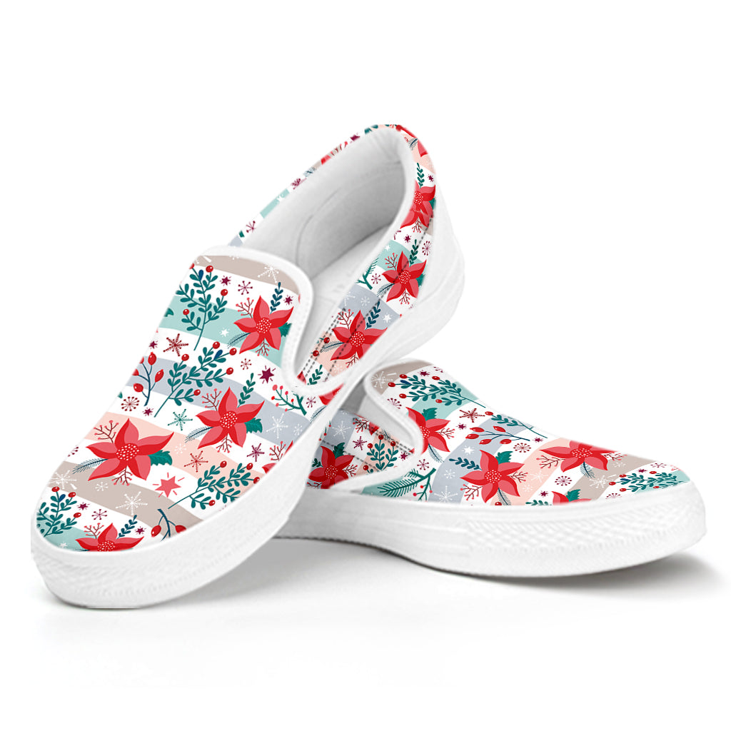 Cute Christmas Poinsettia Pattern Print White Slip On Shoes