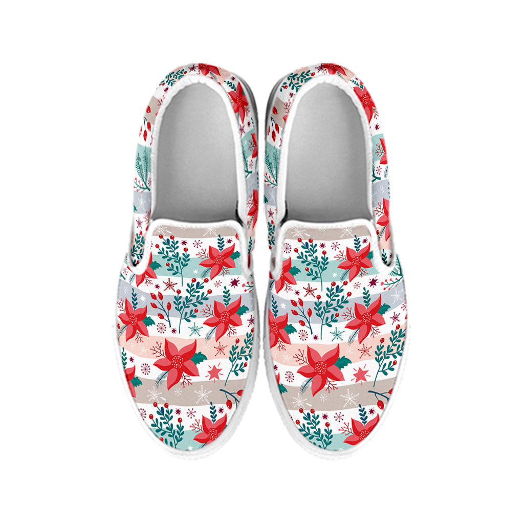 Cute Christmas Poinsettia Pattern Print White Slip On Shoes
