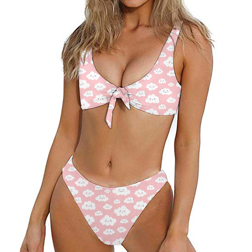 Cute Cloud Pattern Print Front Bow Tie Bikini