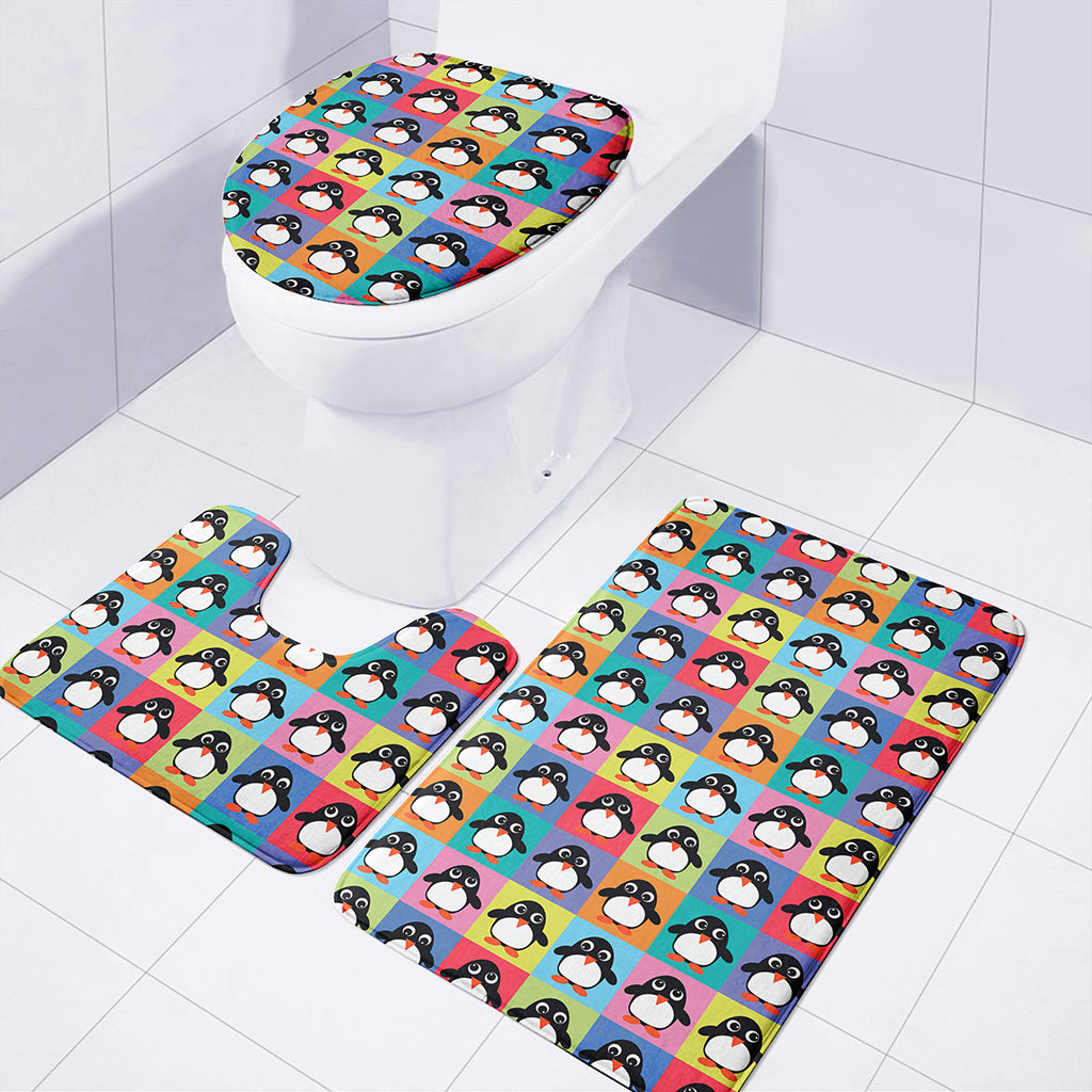 Cute Colorful Penguin Pattern Print 3 Piece Bath Mat Set