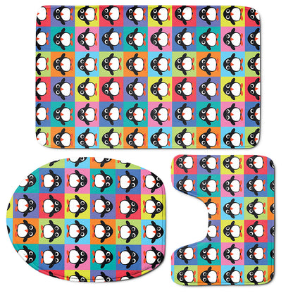 Cute Colorful Penguin Pattern Print 3 Piece Bath Mat Set