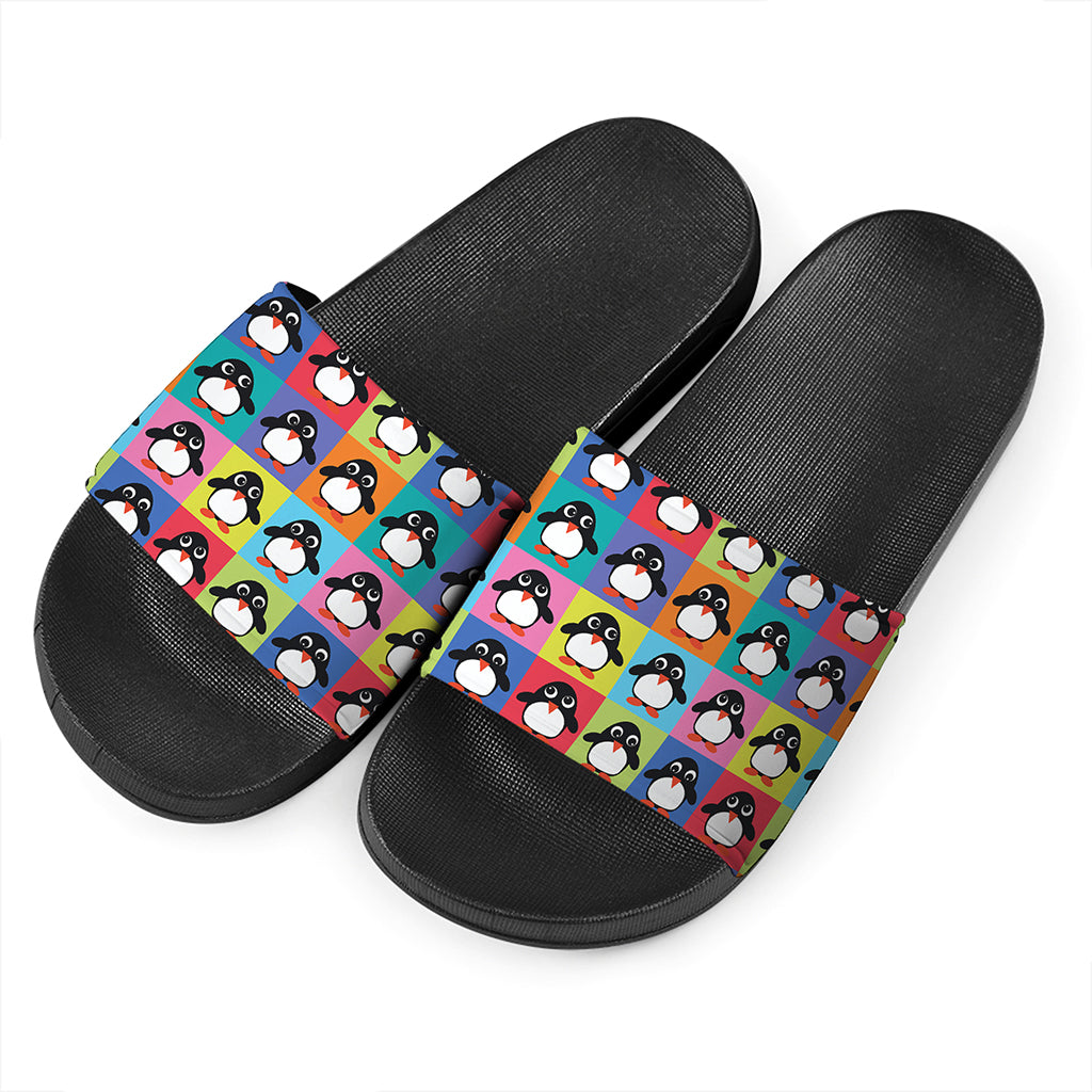 Cute Colorful Penguin Pattern Print Black Slide Sandals
