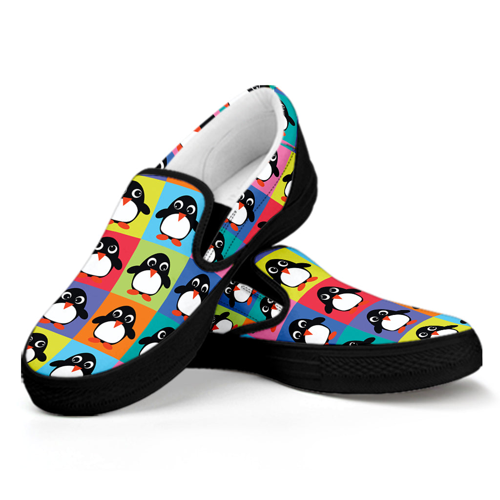 Cute Colorful Penguin Pattern Print Black Slip On Shoes