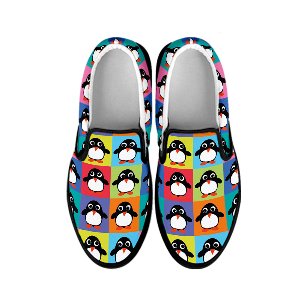 Cute Colorful Penguin Pattern Print Black Slip On Shoes