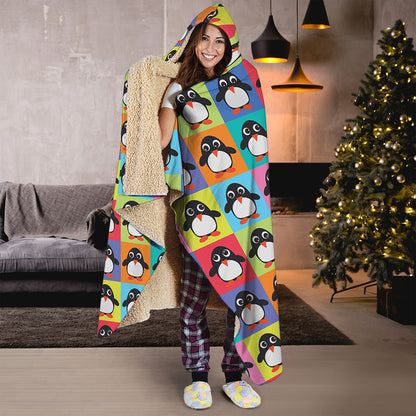Cute Colorful Penguin Pattern Print Hooded Blanket
