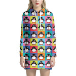 Cute Colorful Penguin Pattern Print Hoodie Dress