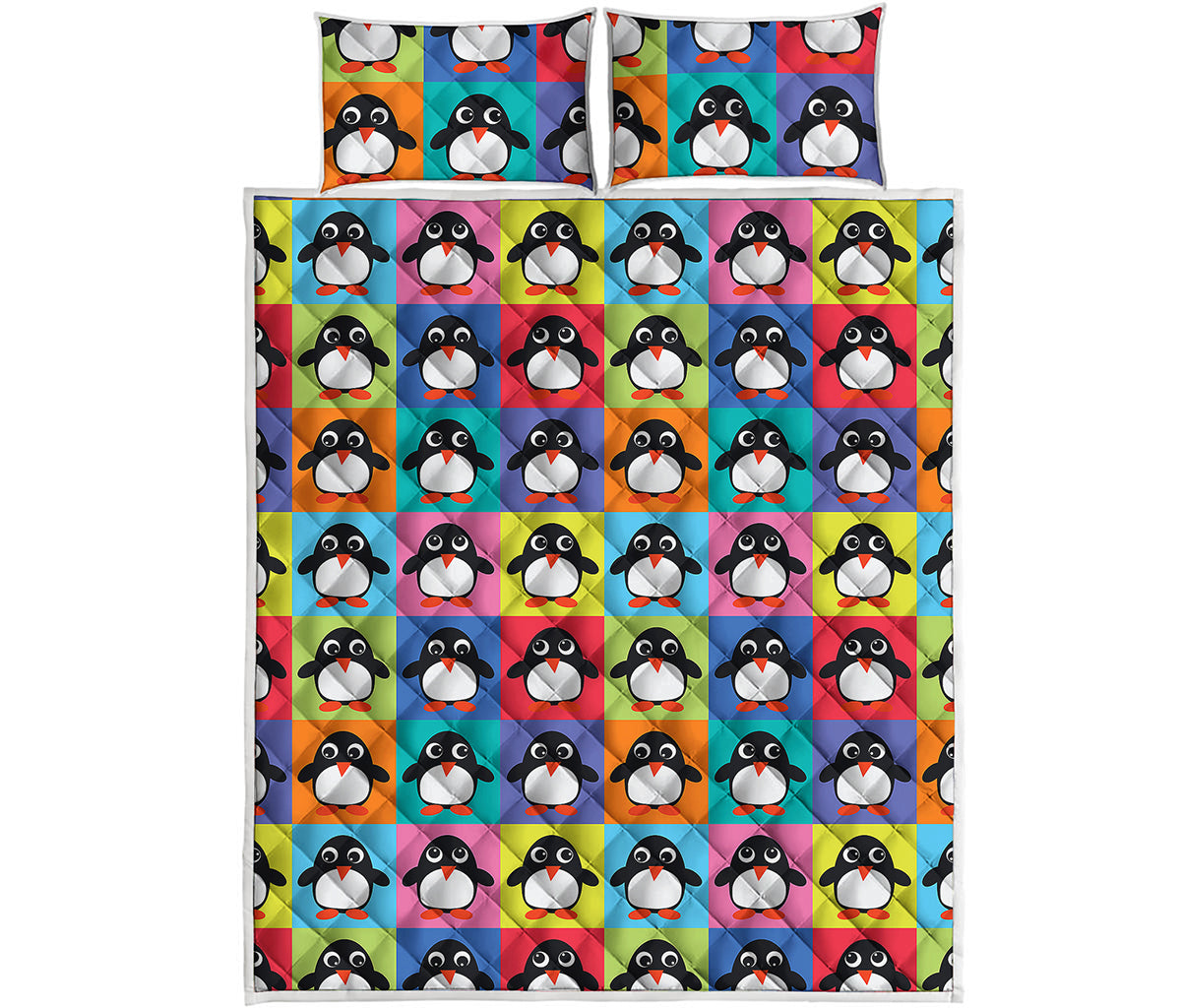Cute Colorful Penguin Pattern Print Quilt Bed Set