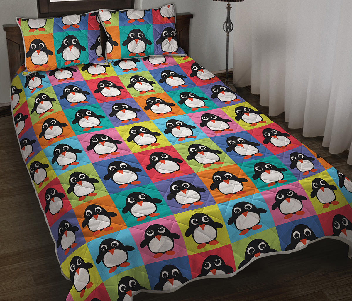 Cute Colorful Penguin Pattern Print Quilt Bed Set