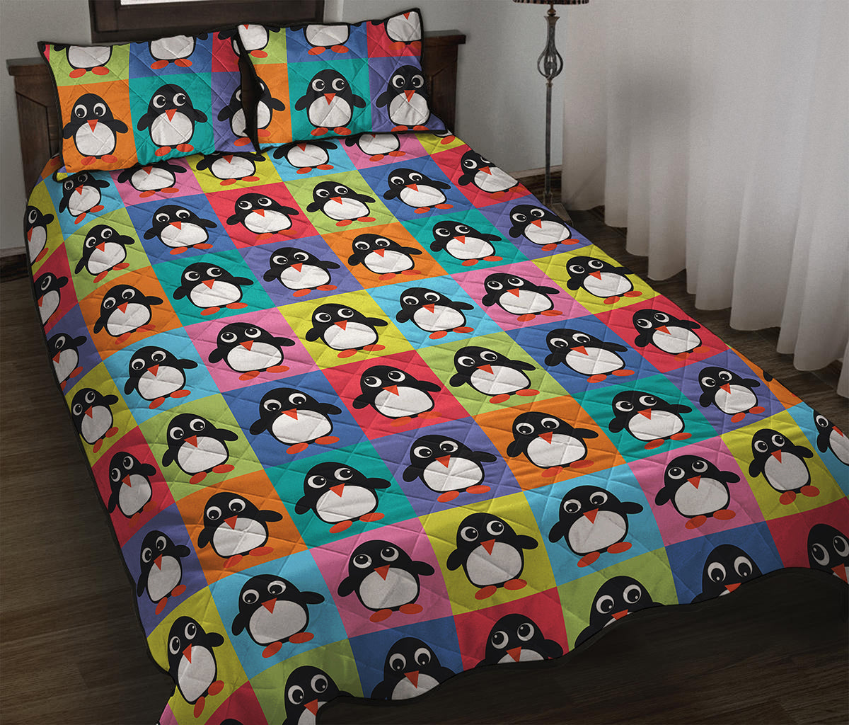 Cute Colorful Penguin Pattern Print Quilt Bed Set
