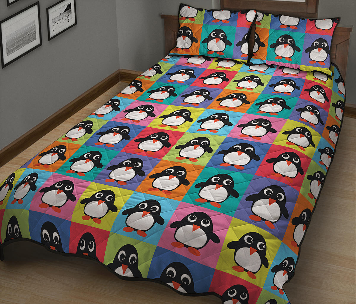 Cute Colorful Penguin Pattern Print Quilt Bed Set