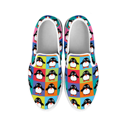 Cute Colorful Penguin Pattern Print White Slip On Shoes