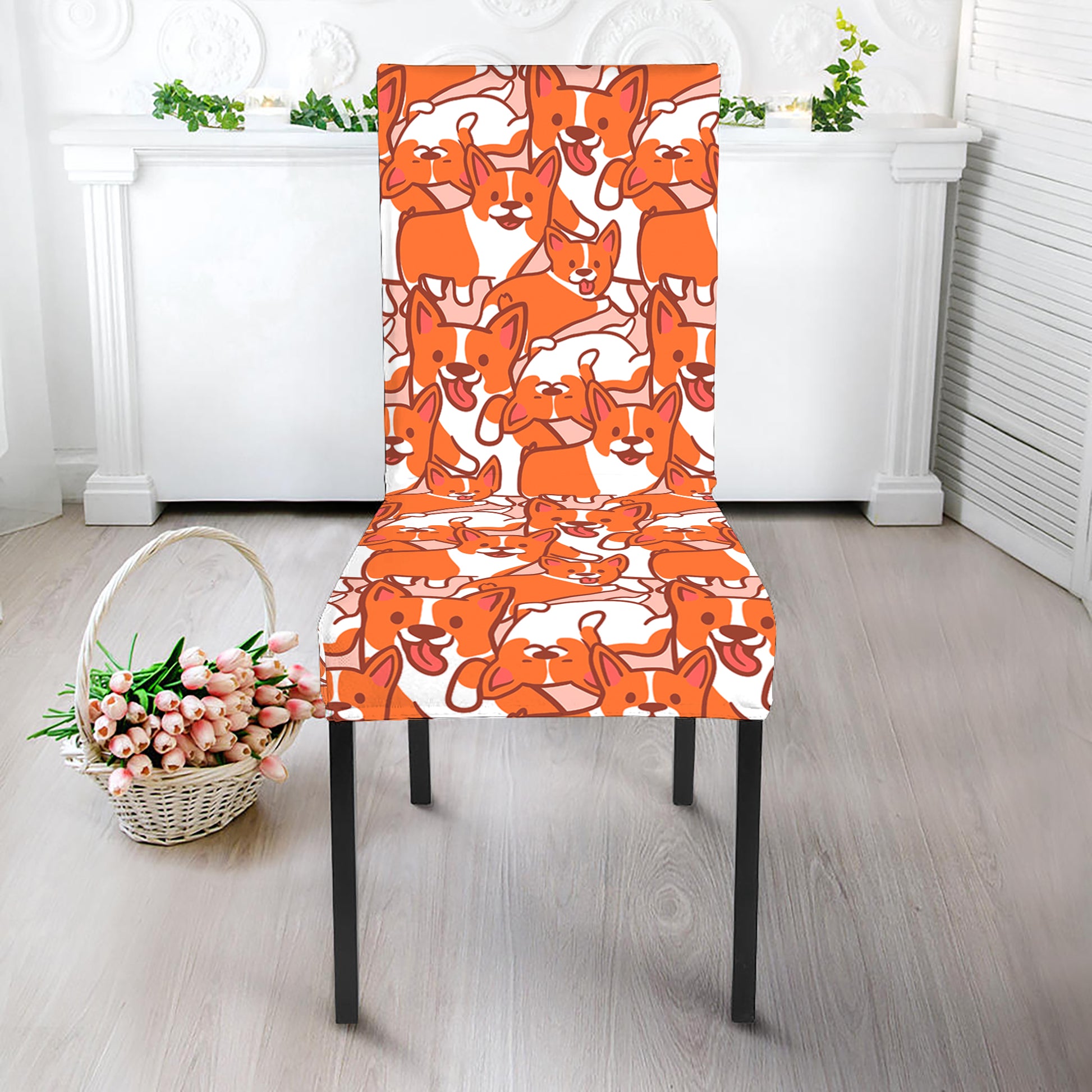 Cute Corgi Pattern Print Dining Chair Slipcover