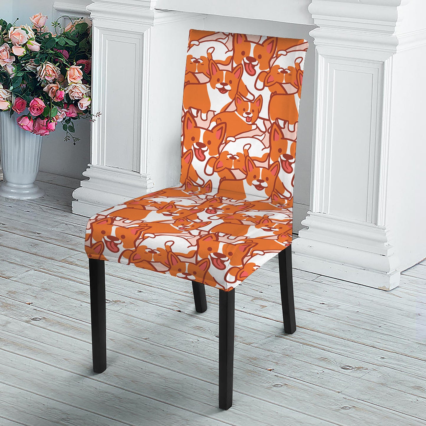 Cute Corgi Pattern Print Dining Chair Slipcover